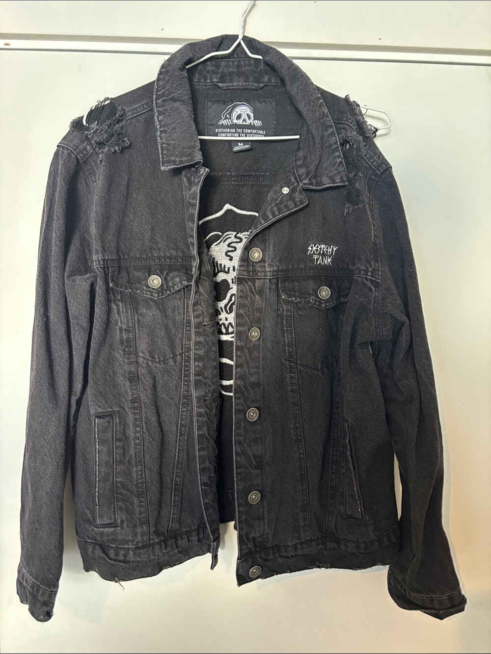 Sketchy Tank vintage Black Distressed Denim Shirt Jacket